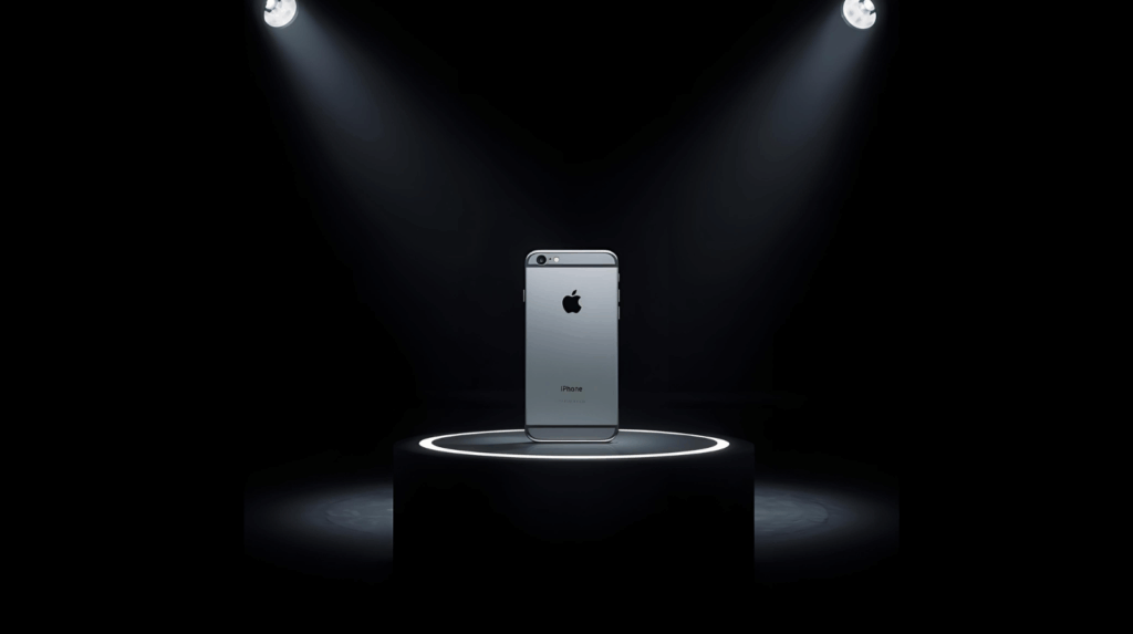 iPhone original 2007 plateado sobre pedestal iluminado, presentación histórica de Steve Jobs en Macworld, primer iPhone de Apple con fondo negro profesional