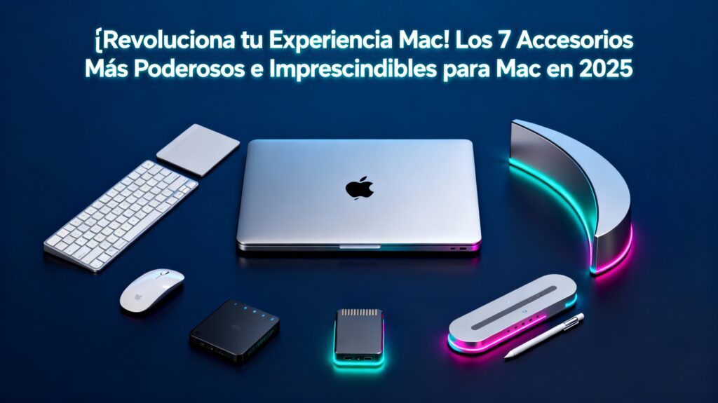 Imagen futurista de un Mac moderno rodeado por los 7 accesorios más poderosos e imprescindibles de 2025: dock USB-C, teclado mecánico, monitor ultrawide, soporte ergonómico, disco SSD externo, hub multifunción y ratón avanzado. Ideal para revolucionar la experiencia Mac y mejorar productividad.