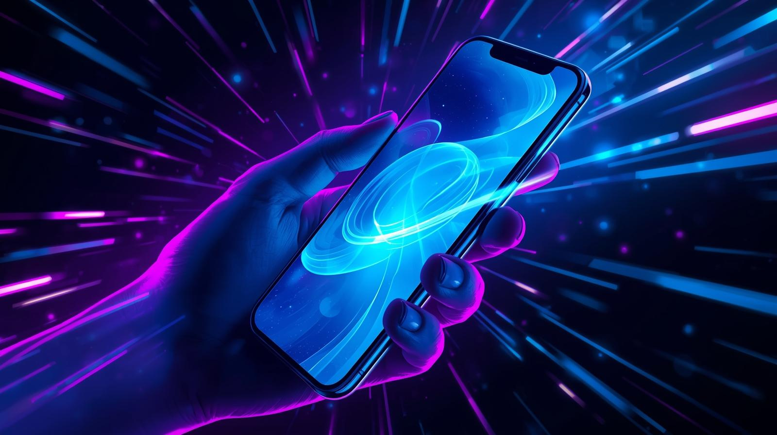 Captura de pantalla iPhone con efectos neón azul y magenta, mano sosteniendo smartphone Apple con interfaz iOS brillante