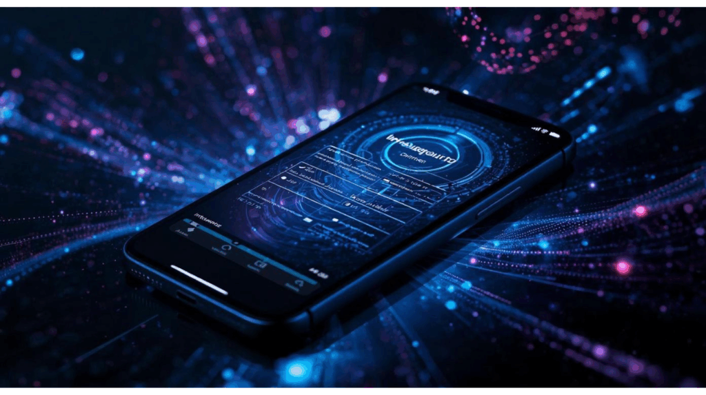 Apple Intelligence analizando captura de pantalla iPhone con IA, efectos visuales futuristas