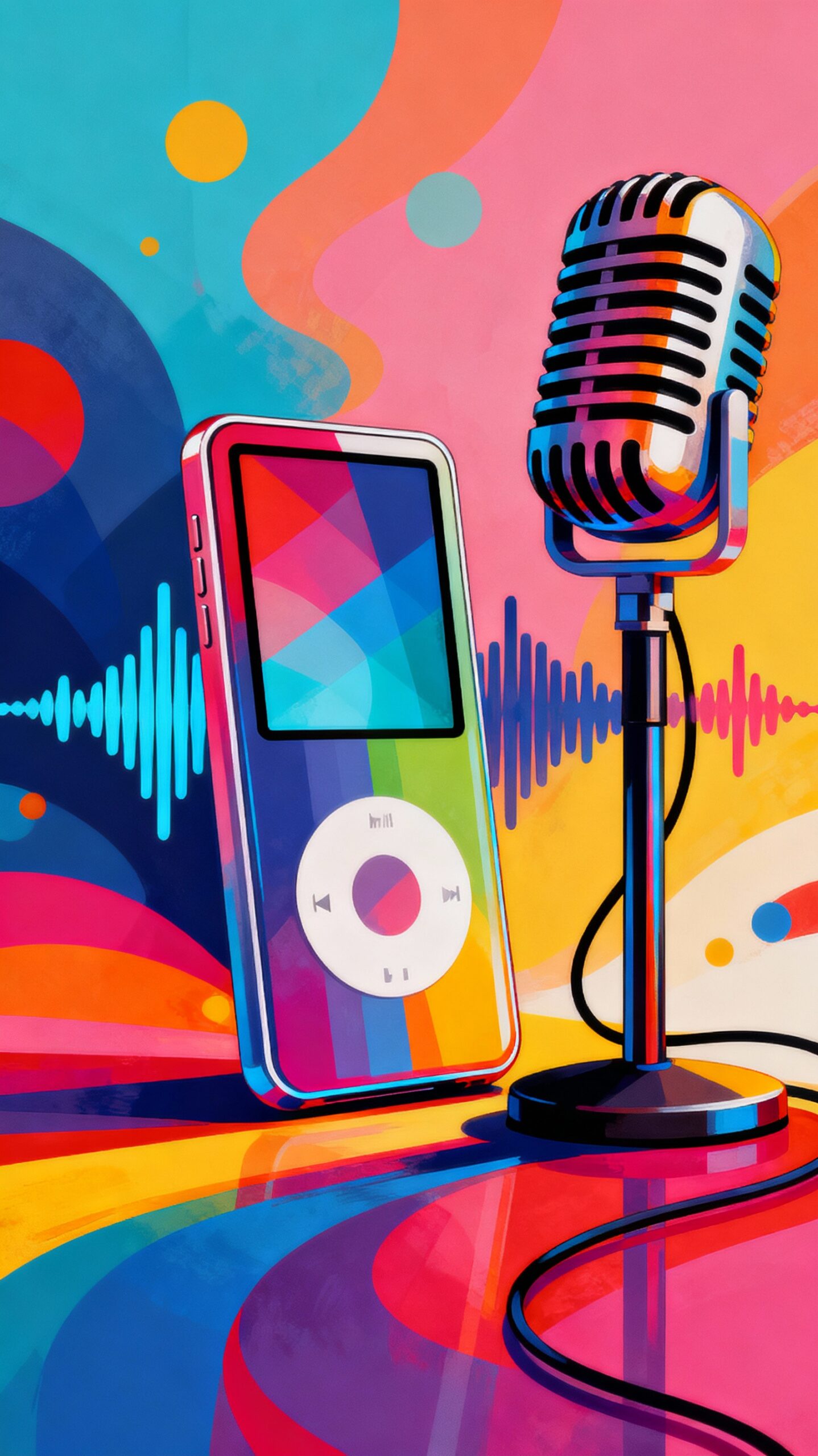 Evolución del podcast en Apple representada de forma creativa y conceptual, iPod y ondas sonoras