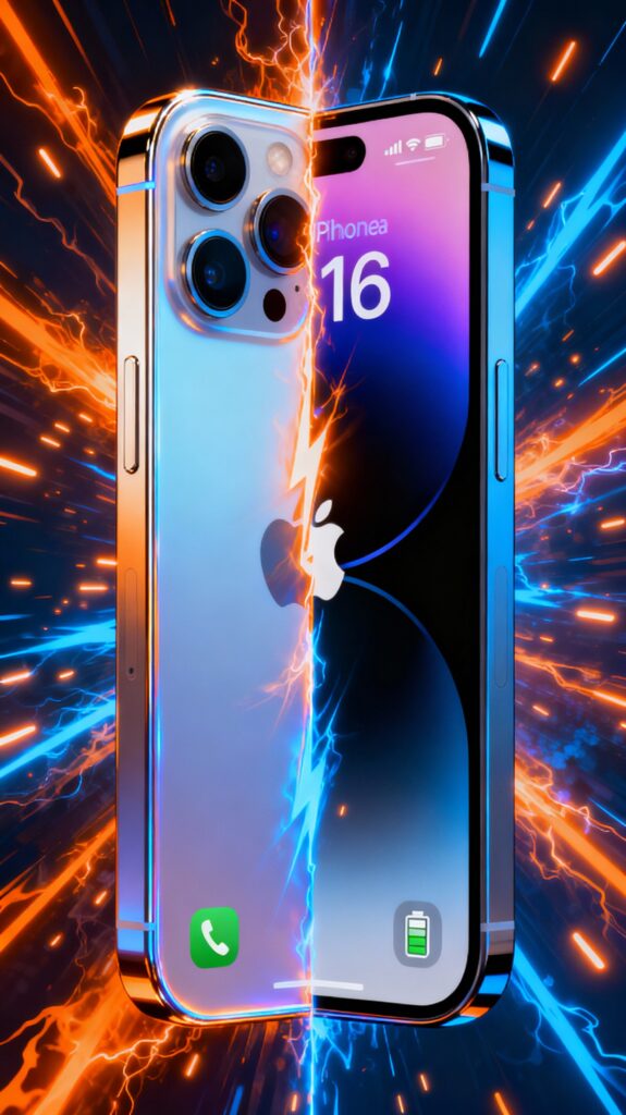 Comparativa frontal iPhone 17 y iPhone 16 mostrando pantalla y cámara en primer plano