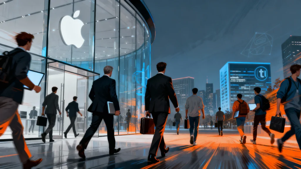Ilustración de empleados y ejecutivos saliendo de la sede de Apple hacia empresas tecnológicas rivales, simbolizando el éxodo de talento